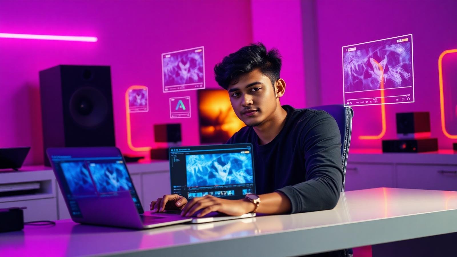 AI ভিডিও তৈরি করছেন একজন বাংলাদেশি কনটেন্ট ক্রিয়েটর — NexoraVaultHub মাস্টারক্লাস
